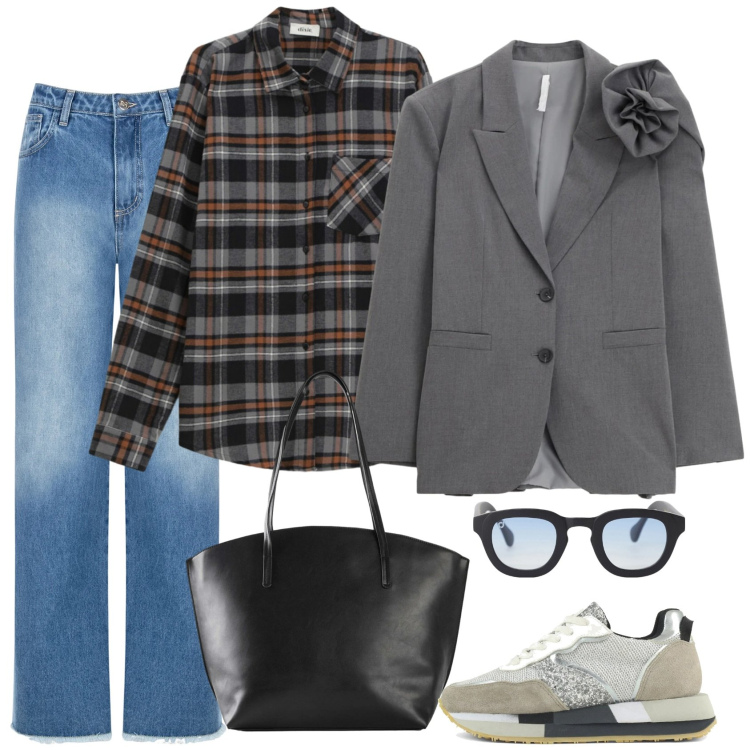 Outfit donna - Compere. Stile Casual per Tutti i giorni. Abbinamento con shopping bag, occhiali da sole, blazer, camicie, jeans dritti, sneakers.