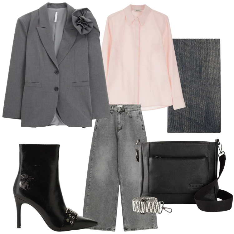 Outfit donna - Un tocco di rosa cipria. Stile Minimal per Serata fuori. Abbinamento con borse a tracolla, blazer, stivaletti, camicie, jeans, stole.