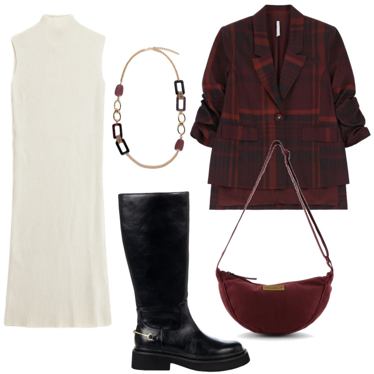 Outfit donna - Lana e stivali. Stile Basic per Tutti i giorni. Abbinamento con blazer, vestiti midi/longuette, stivali sopra il ginocchio, borse a tracolla, collane.