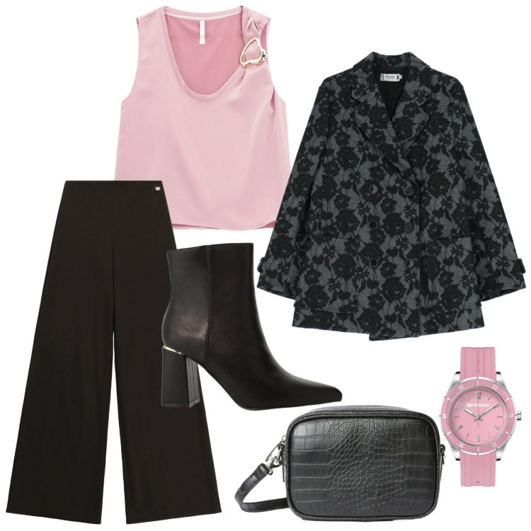 Outfit donna - Il top rosa confetto. Stile Minimal per Serata fuori. Abbinamento con tuta corta, pantaloni a palazzo, stivaletti, blazer, orologi, borse a tracolla.