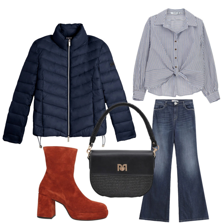 Outfit donna - L\'accessorio colorato. Stile Minimal per Tutti i giorni. Abbinamento con stivaletti, borse a spalla, jeans a zampa, camicie, piumini.