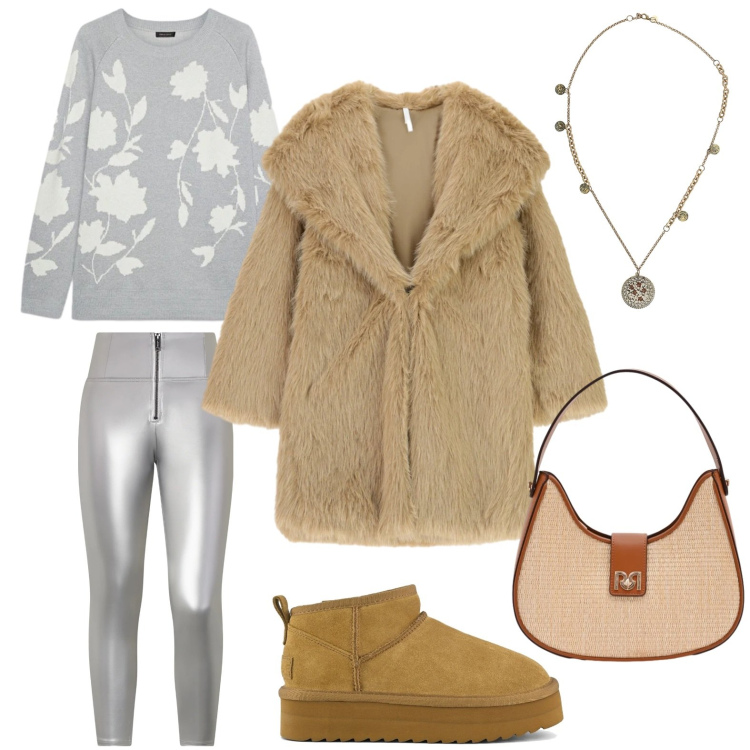 Outfit donna - L\'ecopelliccia Imperial. Stile Glamour per Tutti i giorni. Abbinamento con ecopellicce, ciondoli, borse a spalla, pantaloni skinny, maglieria, stivaletti.