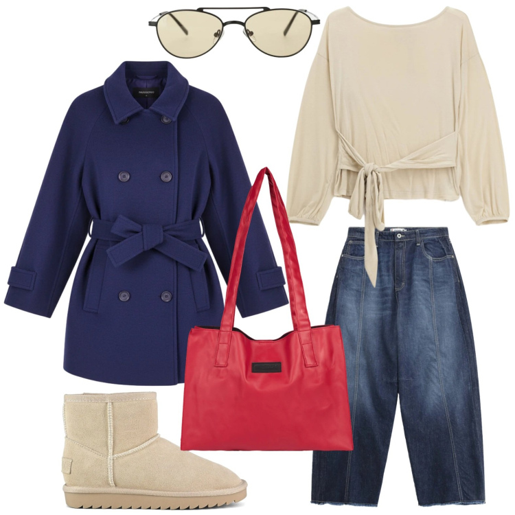 Outfit donna - Il top annodato. Stile Minimal per Tutti i giorni. Abbinamento con occhiali da sole, top, cappotti, jeans, shopping bag, stivali.