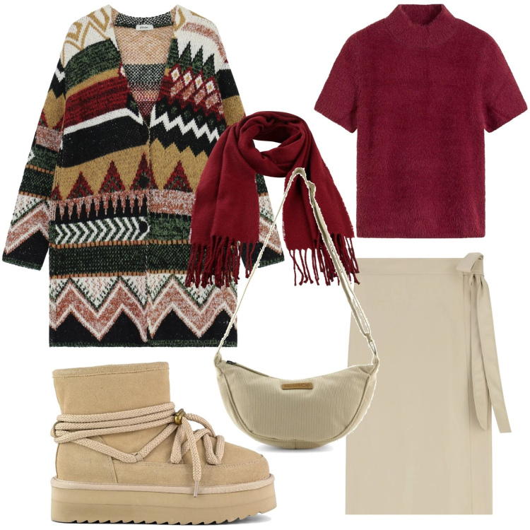 Outfit donna - Il cardigan etnico. Stile Etnico per Tutti i giorni. Abbinamento con sciarpe, maglieria, gonne longuette, cappotti, borse a tracolla, stivaletti.