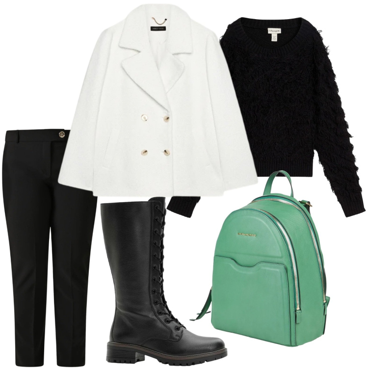 Outfit donna - Lo zaino verde erba. Stile Minimal per Tutti i giorni. Abbinamento con stivali, maglieria, zaini, pantaloni, caban.