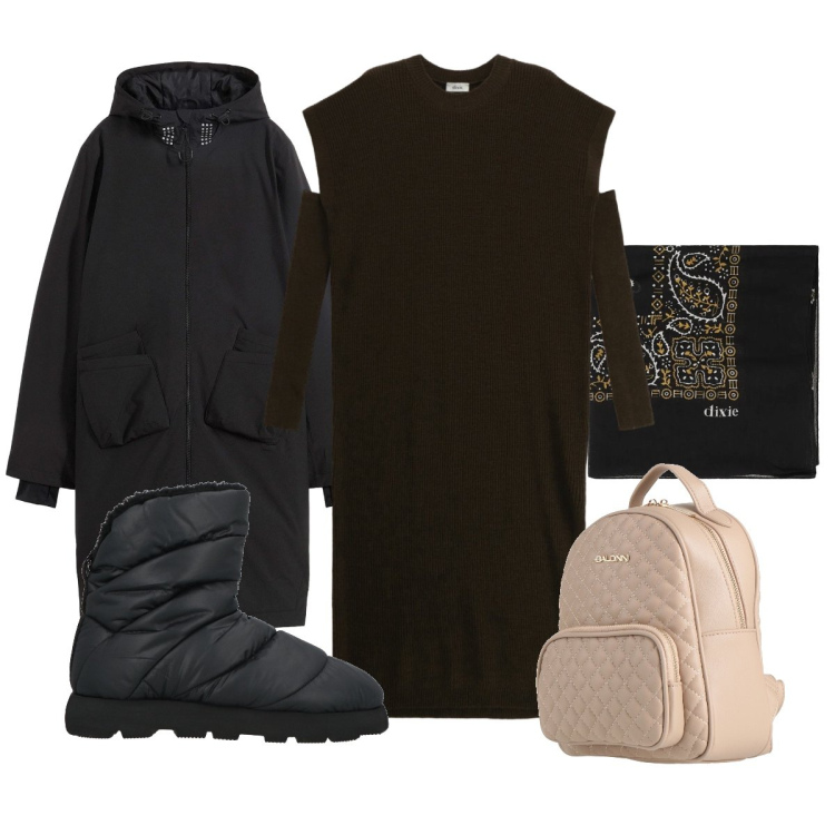 Outfit donna - Dress comfy. Stile Minimal per Tutti i giorni. Abbinamento con blazer, zaini, stivaletti, foulard, vestiti midi/longuette.