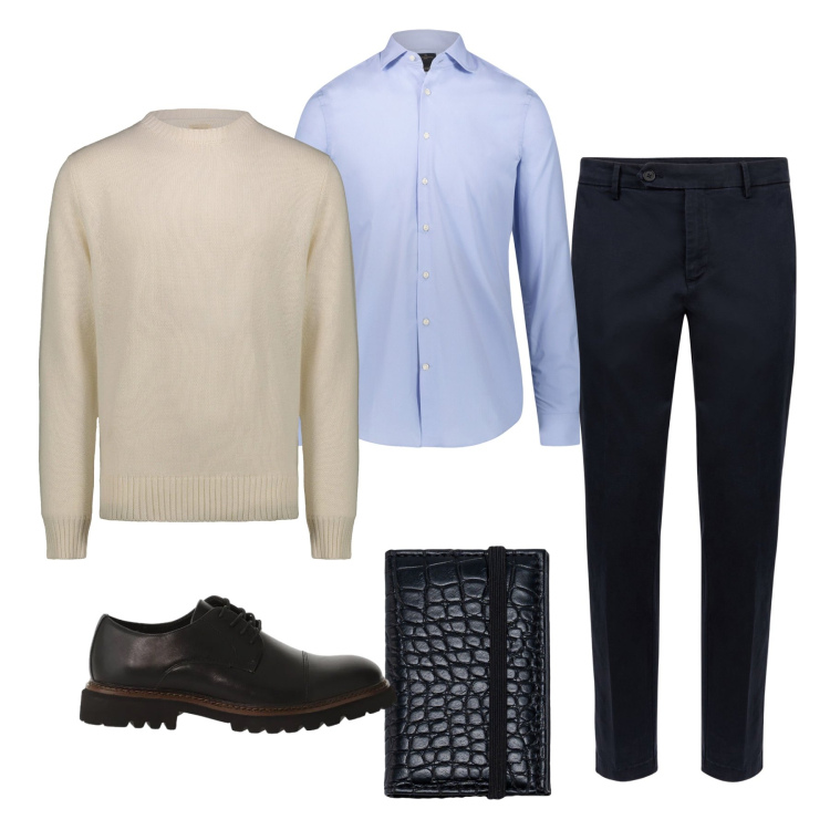 Outfit uomo - Rientro in ufficio. Stile Casual per Ufficio. Abbinamento con scarpe stringate, pantaloni chino, camicie, maglieria, portafogli.