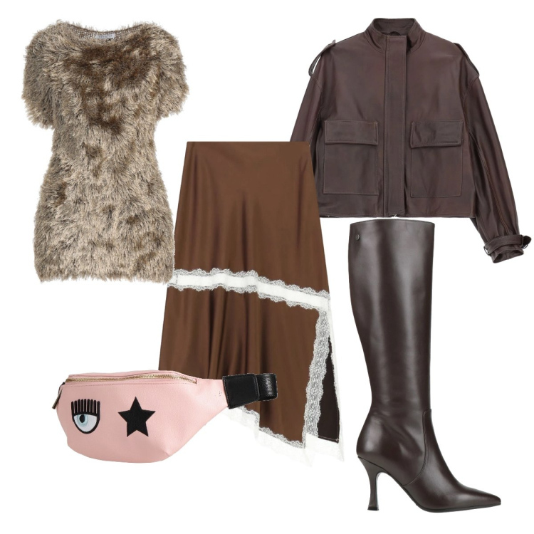 Outfit donna - Brown skirt. Stile Glamour per Tutti i giorni. Abbinamento con stivali, marsupi, pullovers, giacche, gonne longuette.