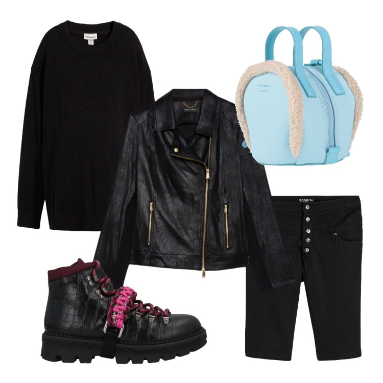 Outfit donna - Bella & Rock. Stile Rock per Scuola/Università. Abbinamento con bermuda, maglieria, zaini, stivaletti, blazer.