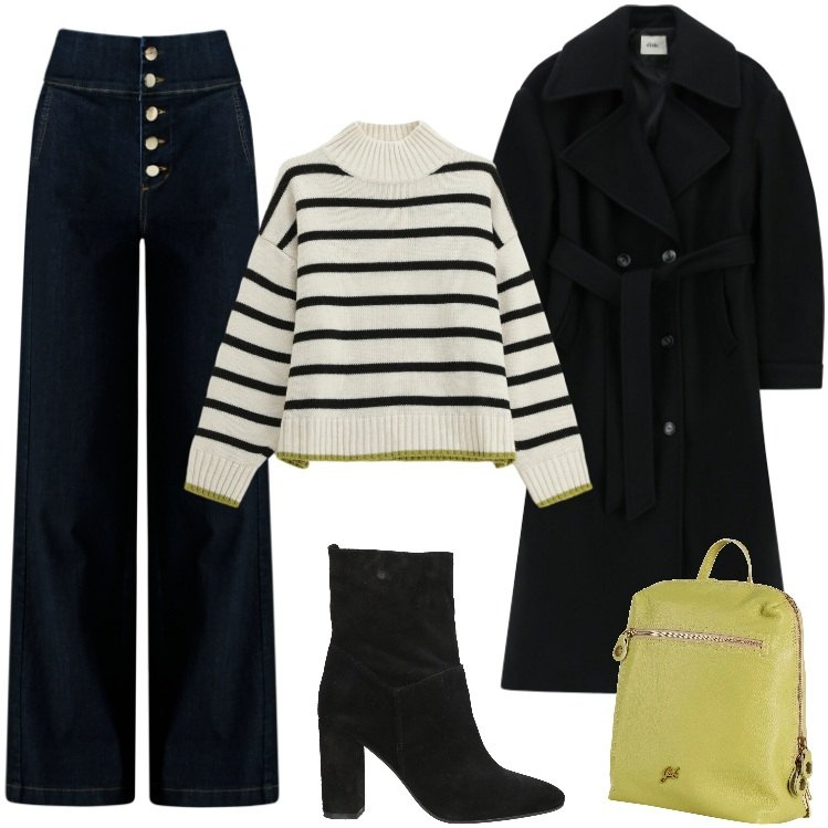 Outfit donna - Un Tocco Lime. Stile Basic per Tutti i giorni. Abbinamento con zaini, stivaletti, cappotti, maglieria, jeans.