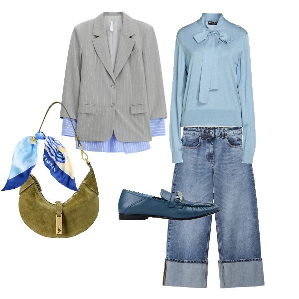 Outfit donna - il pomeriggio è sempre azzurro. Stile Casual chic per Tutti i giorni. Abbinamento con pullovers, mocassini, blazer, jeans, borse a spalla, foulard.