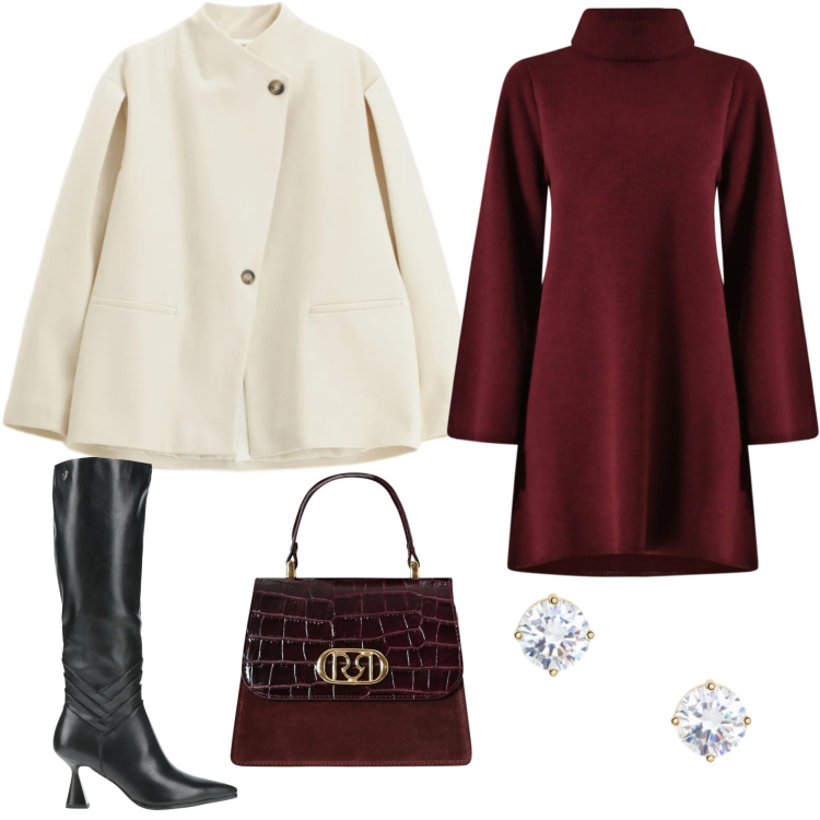Outfit donna - Charme per San Valentino. Stile Chic per Serata fuori. Abbinamento con stivali, blazer, vestiti corti, borse a mano, orecchini.