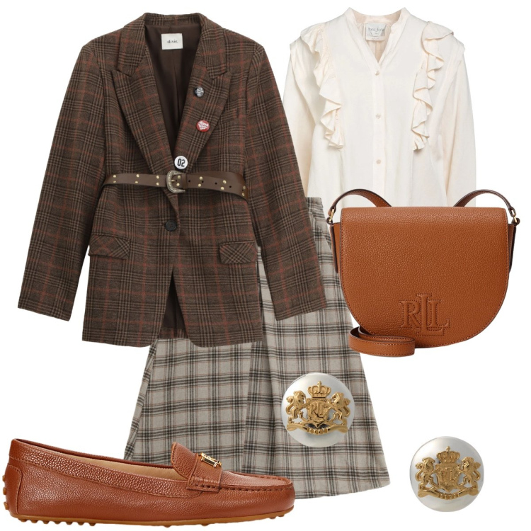 Outfit donna - Romantic british. Stile Trendy per Ufficio. Abbinamento con camicie, gonne longuette, blazer, orecchini, borse a tracolla, mocassini.