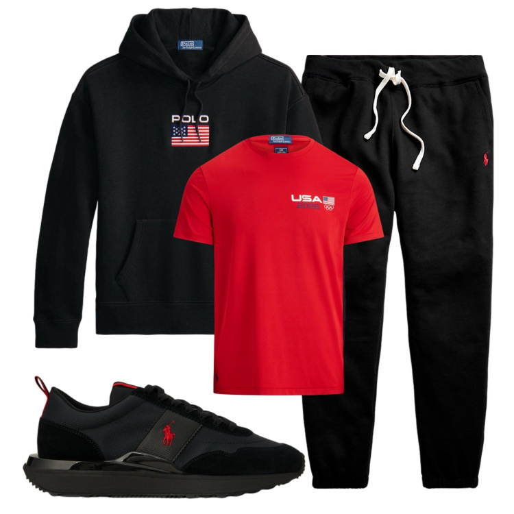 Outfit uomo - Total look #2333196. Stile Casual per Sport. Abbinamento con pantaloni, felpe con cappuccio, sneakers, t-shirt.