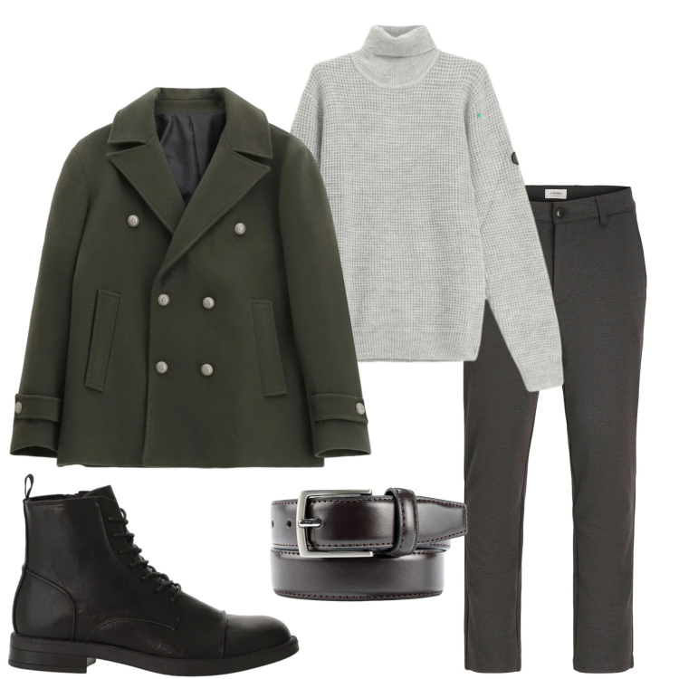 Outfit uomo - Urban invernale. Stile Urban per Ufficio. Abbinamento con pantaloni chino, maglieria, anfibi, cappotti, cinture.