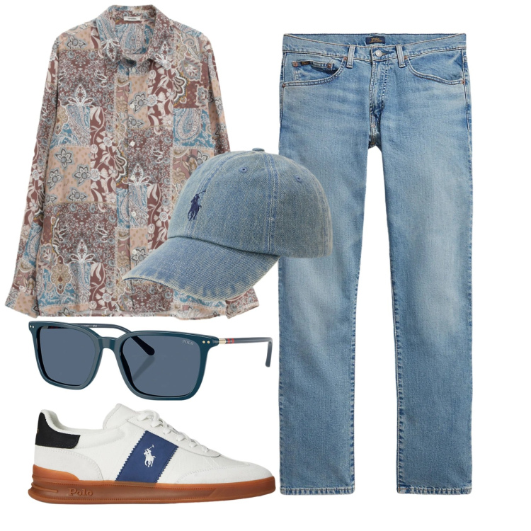 Outfit uomo - Total look #2333217. Stile Trendy per Tutti i giorni. Abbinamento con camicie, occhiali da sole, jeans, sneakers, cappelli con visiera.