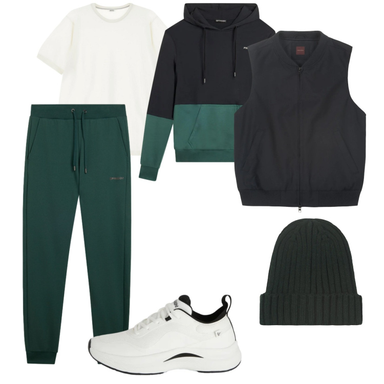 Outfit uomo - Oggi sportivo. per Sport. Abbinamento con pantaloni, felpe con cappuccio, sneakers, t-shirt, piumini, berretti.