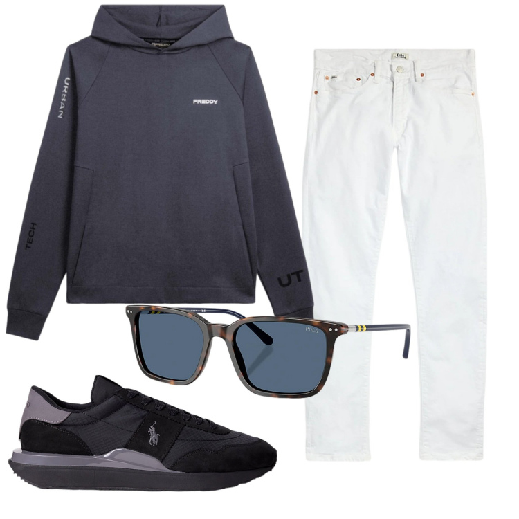 Outfit uomo - Total look #2333222. Stile Casual per Ufficio. Abbinamento con felpe con cappuccio, jeans, sneakers, occhiali da sole.