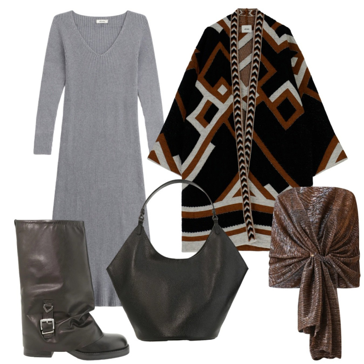 Outfit donna - Molto Urban. Stile Urban per Tutti i giorni. Abbinamento con vestiti midi/longuette, cappe, stivali, borse a spalla, stole.