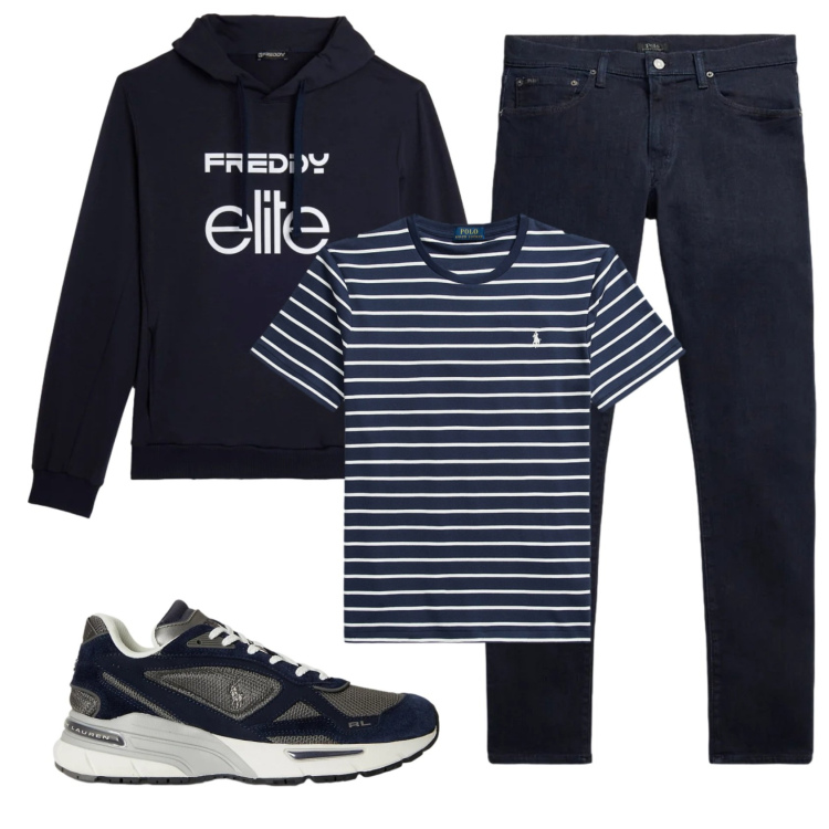 Outfit uomo - Total look #2333227. Stile Casual per Ufficio. Abbinamento con felpe con cappuccio, jeans, t-shirt, sneakers.