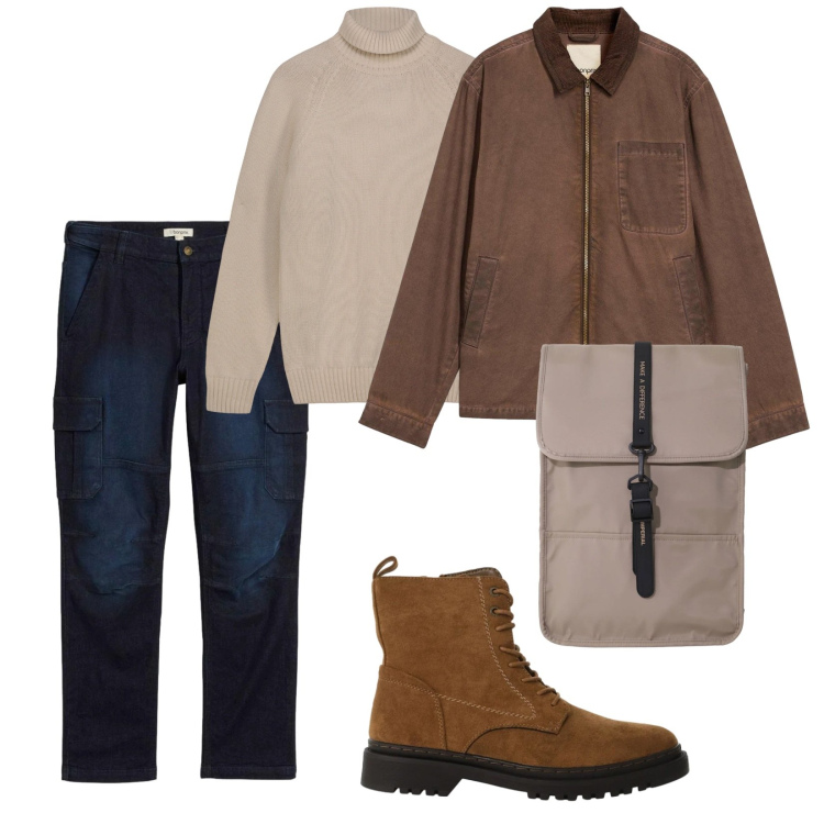 Outfit uomo - Al centro commerciale. per Tutti i giorni. Abbinamento con jeans dritti, giacche, borse sportive, anfibi, pullovers.