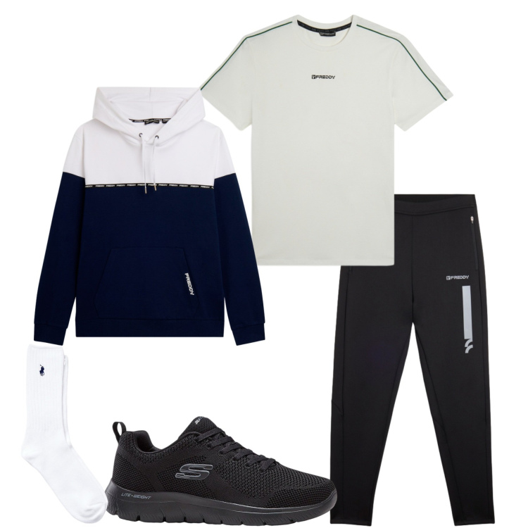 Outfit uomo - corsa nel parco. Stile Casual per Sport. Abbinamento con sneakers, pantaloni, felpe con cappuccio, t-shirt sportive, calzini.