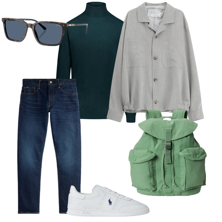 Outfit uomo - In gita a scuola. per Mare. Abbinamento con cappotti, sneakers, occhiali da sole, jeans, borse sportive, maglieria.