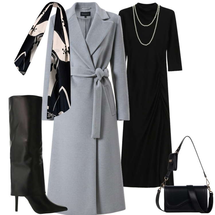 Outfit donna - Serata chic. Stile Chic per Serata fuori. Abbinamento con stivali, vestiti midi/longuette, cappotti, pochette, sciarpe.