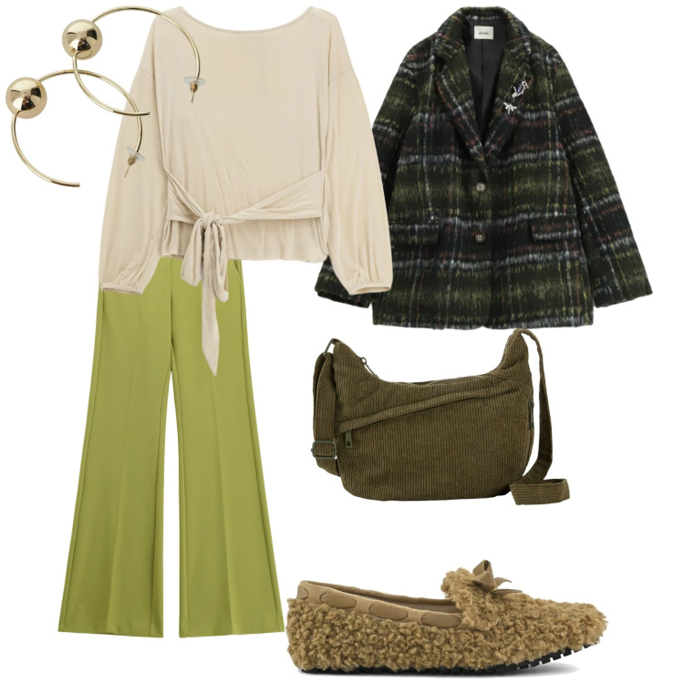 Outfit donna - Ogni giorno. per Tutti i giorni. Abbinamento con borse a tracolla, pantaloni, top, blazer, orecchini, mocassini.