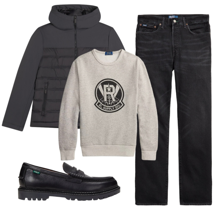 Outfit uomo - Total look #2333243. Stile Casual per Ufficio. Abbinamento con piumini, scarpe stringate, jeans dritti, felpe.