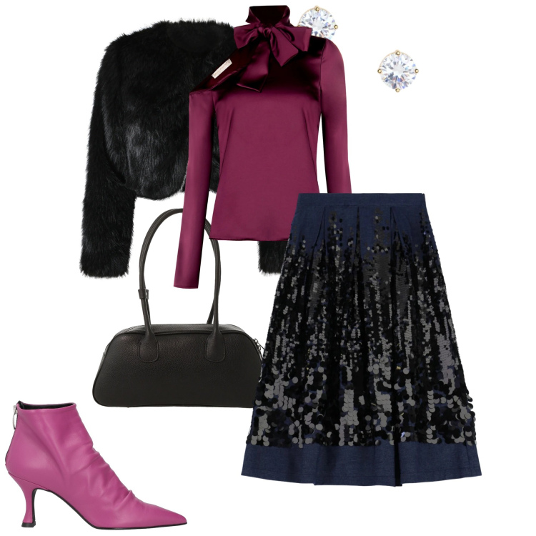 Outfit donna - Total look #2333253. Stile Bon Ton per Serata fuori. Abbinamento con stivaletti, borse a mano, gonne longuette, bluse, blazer, orecchini.