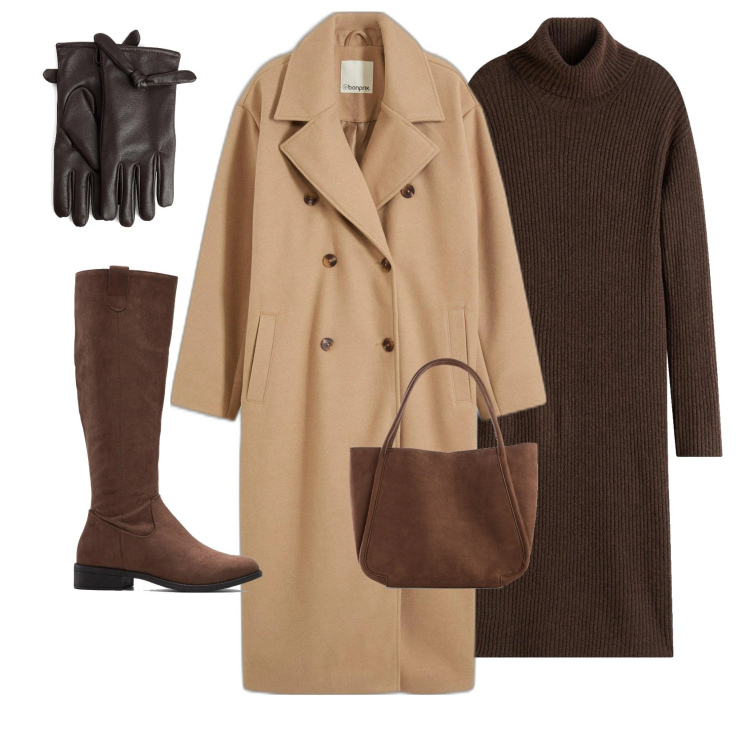 Outfit femme - Minimal Chocobeige. Style Minimal pour Tous les jours. Assortir avec manteaux, robes, bottes, gants, sac cabas.