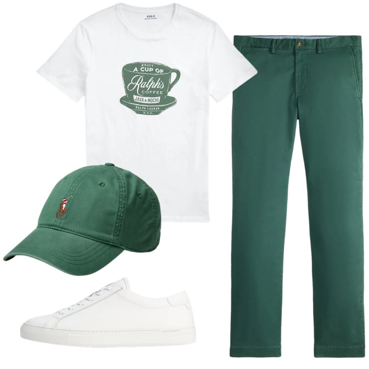 Outfit uomo - Total look #2333258. Stile Casual per Tutti i giorni. Abbinamento con sneakers, t-shirt, cappelli, pantaloni chino.