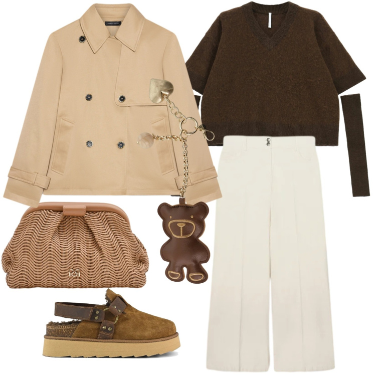 Outfit donna - Caldo orsetto. Stile Casual chic per Tutti i giorni. Abbinamento con maglieria, portachiavi, pochette, trench, pantaloni chino, sabot.