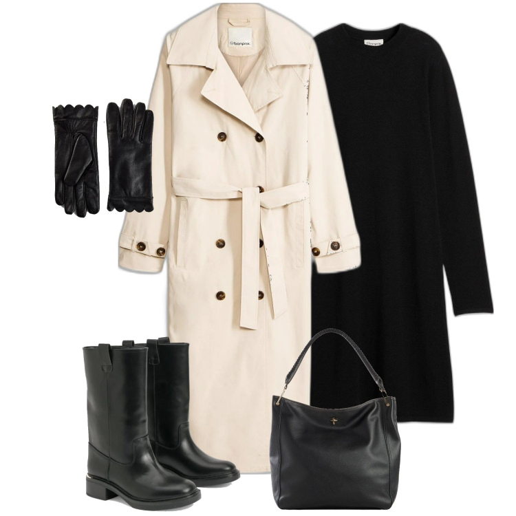 Outfit femme - Minimal Trench. Style Minimal pour Tous les jours. Assortir avec imperméable, robes, sacs en bandoulière, gants, bottes.