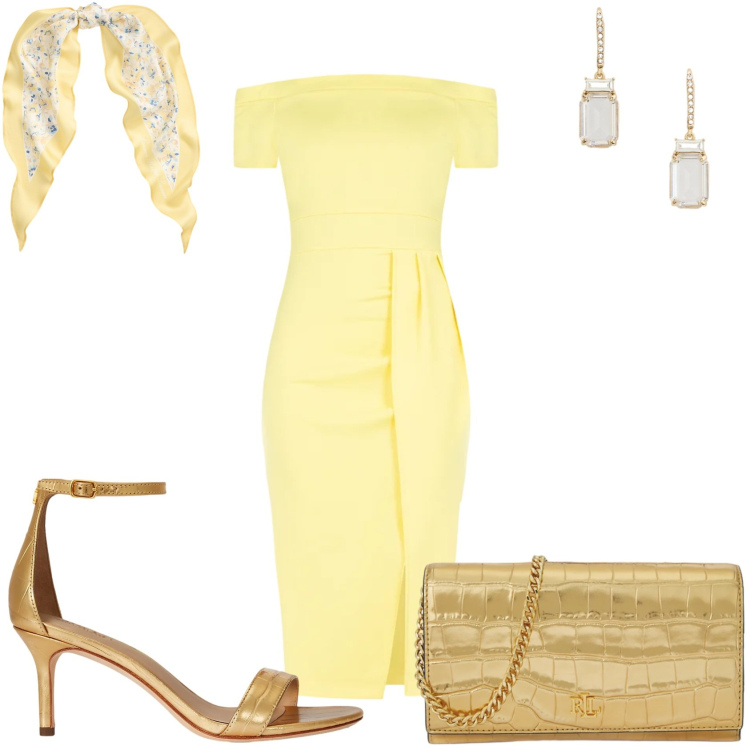 Outfit donna - Cerimonia in chiaro. Stile Chic per Cerimonia. Abbinamento con vestiti asimmetrici, sandali in pelle, borse a tracolla, orecchini, foulard.