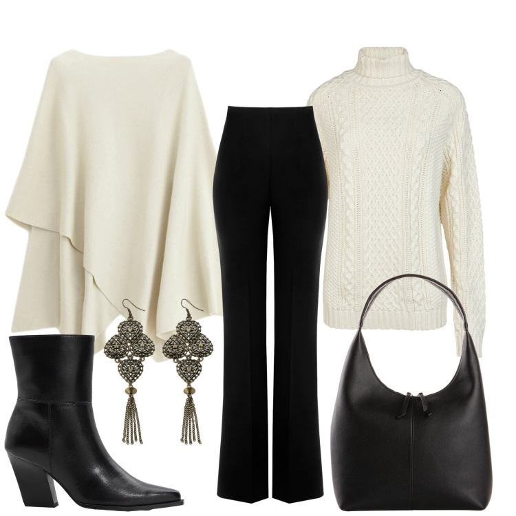 Outfit donna - Minimal chic. Stile Chic per Tutti i giorni. Abbinamento con shopping bag, stivaletti, orecchini, pantaloni, maglieria, maglieria.