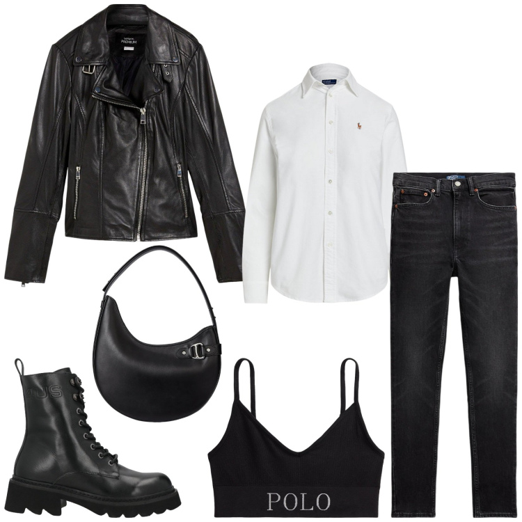 Outfit donna - Total look #2333276. Stile Rock per Tutti i giorni. Abbinamento con blazer, stivaletti, reggiseni, camicie, jeans slim fit, borse a spalla.