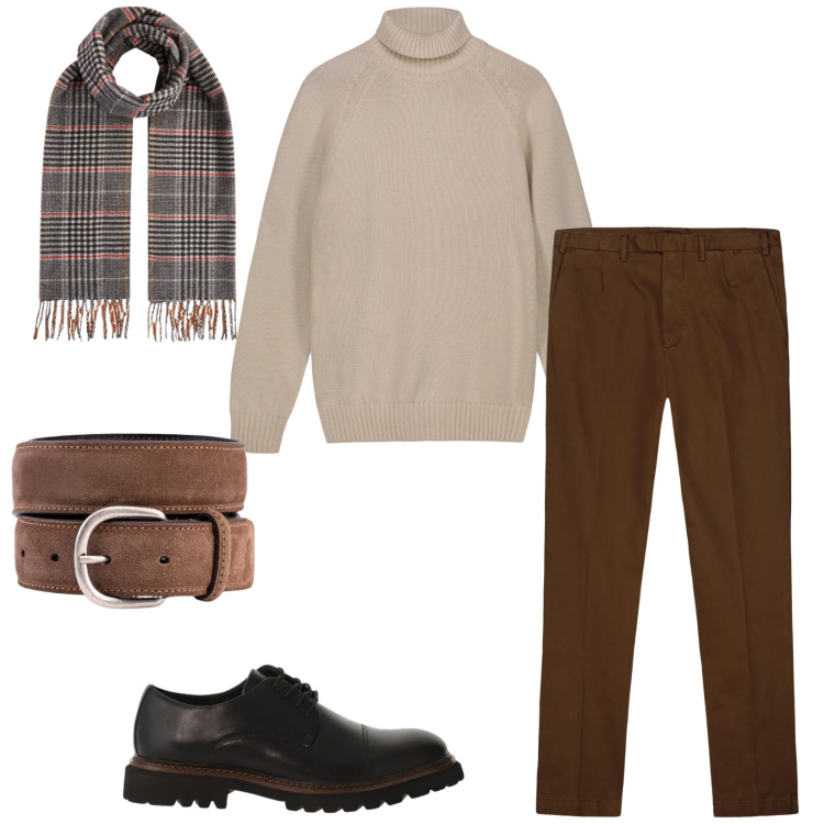 Outfit uomo - Total look #2333277. Stile Urban per Ufficio. Abbinamento con scarpe stringate, pullovers, sciarpe, pantaloni, cinture.