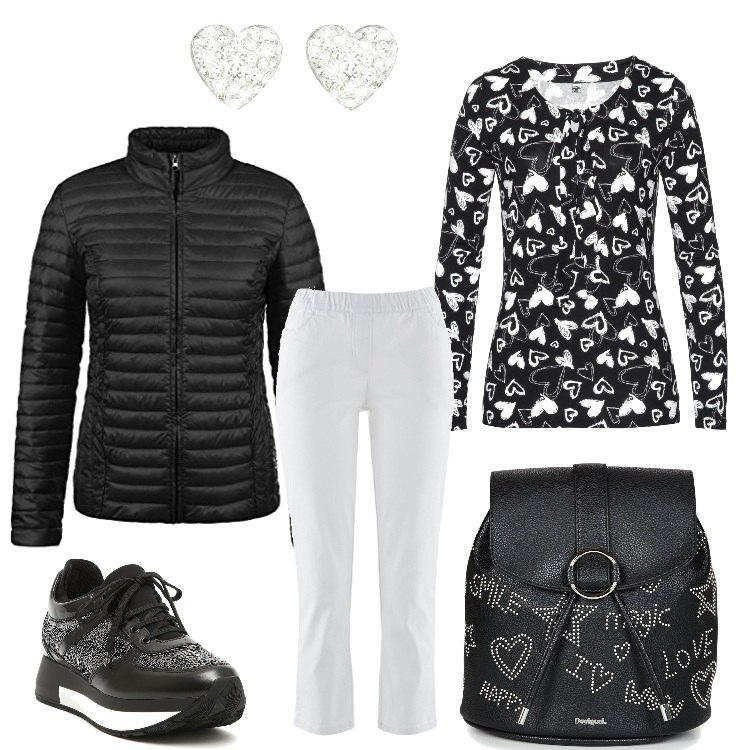 Outfit donna - Con il cuore. Stile Basic per Tutti i giorni. Abbinamento con pantaloni, maglia a maniche lunghe nero, zaino mini nero, sneakers nero, giacca sport con stampa scollatura con zip nero, orecchini in argento 925.