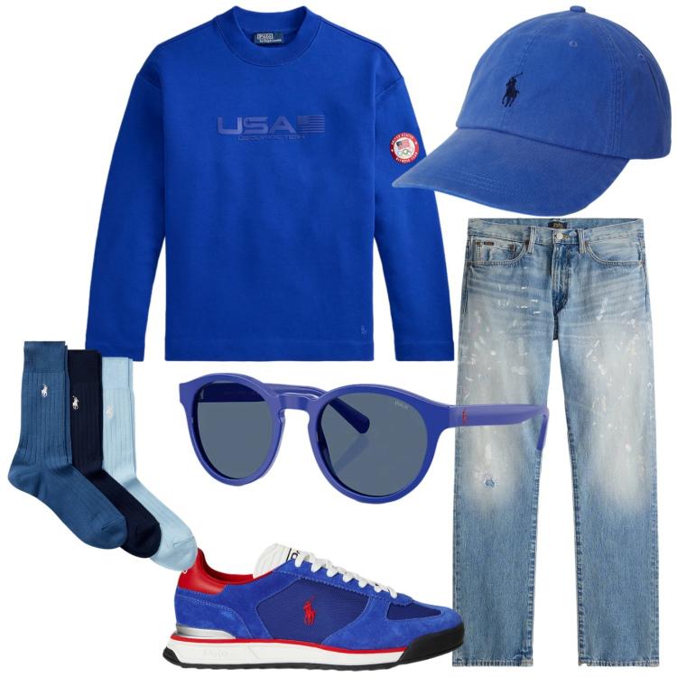 Outfit uomo - Total look #2333280. Stile Trendy per Tutti i giorni. Abbinamento con calzini, occhiali da sole, jeans dritti, sneakers, felpe, cappelli con visiera.