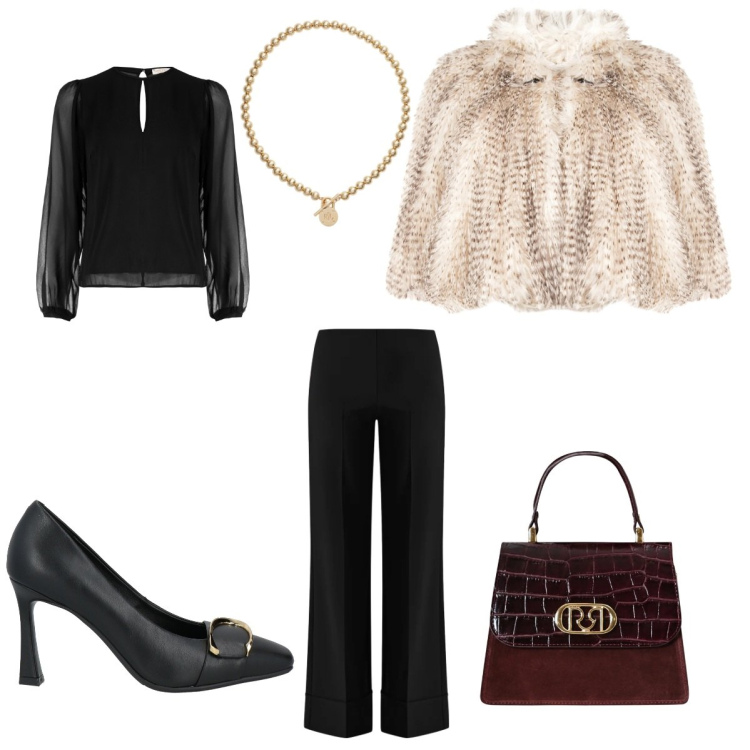 Outfit donna - Cena romantica. Stile Casual chic per Serata fuori. Abbinamento con décolleté, pantaloni a palazzo, bluse, ecopellicce, borse a mano, collane.