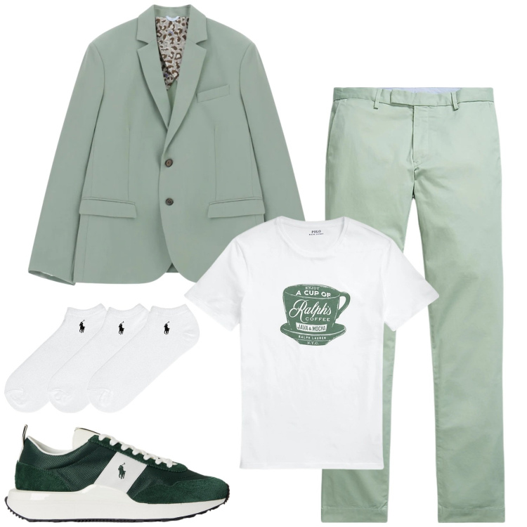 Outfit uomo - Total look #2333283. Stile Trendy per Serata speciale. Abbinamento con giacche, calzini, t-shirt, pantaloni, sneakers.