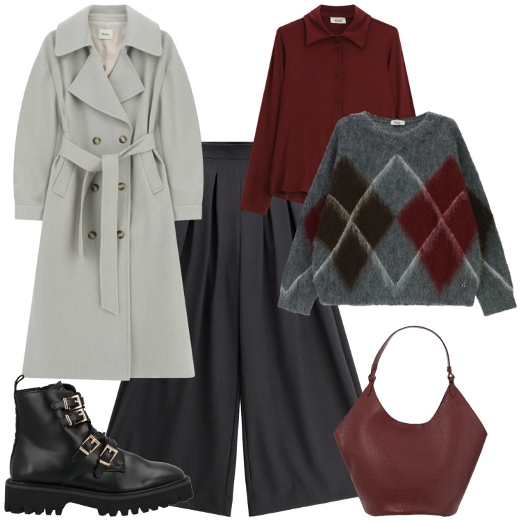 Outfit donna - Casual chic ufficio tempo libero. Stile Casual chic per Ufficio. Abbinamento con anfibi, maglieria, camicie, cappotti, pantaloni a palazzo, borse a spalla.