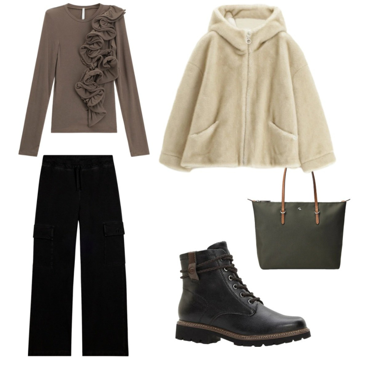 Outfit donna - Shopping day. Stile Urban per Tutti i giorni. Abbinamento con stivaletti, t-shirt, blazer, pantaloni cargo, borse tote.