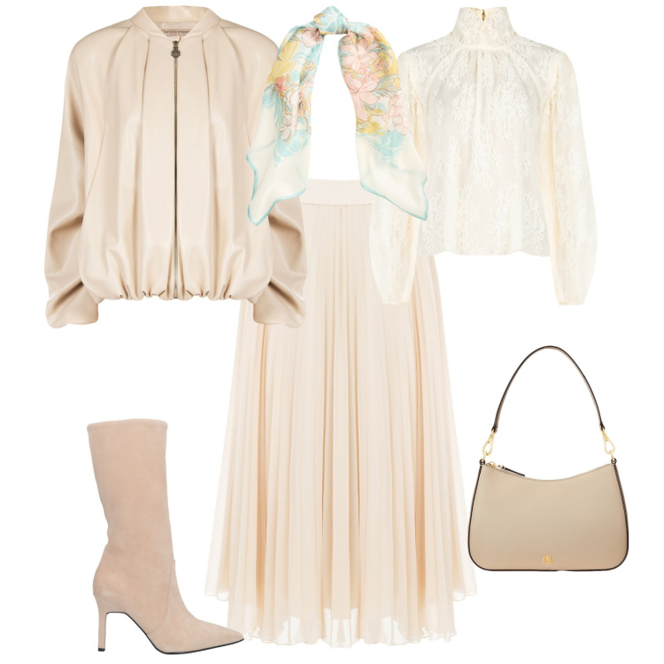 Outfit donna - Romantica cerimonia week end. Stile Romantica per Cerimonia. Abbinamento con stivali, bomber, bluse, gonne longuette, borse a spalla, foulard.