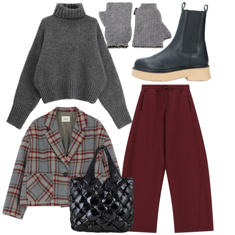 Outfit donna - Il fascino dei dettagli. Stile Basic per Tutti i giorni. Abbinamento con stivaletti, maglieria, pantaloni a palazzo, blazer, guanti, borse tote.