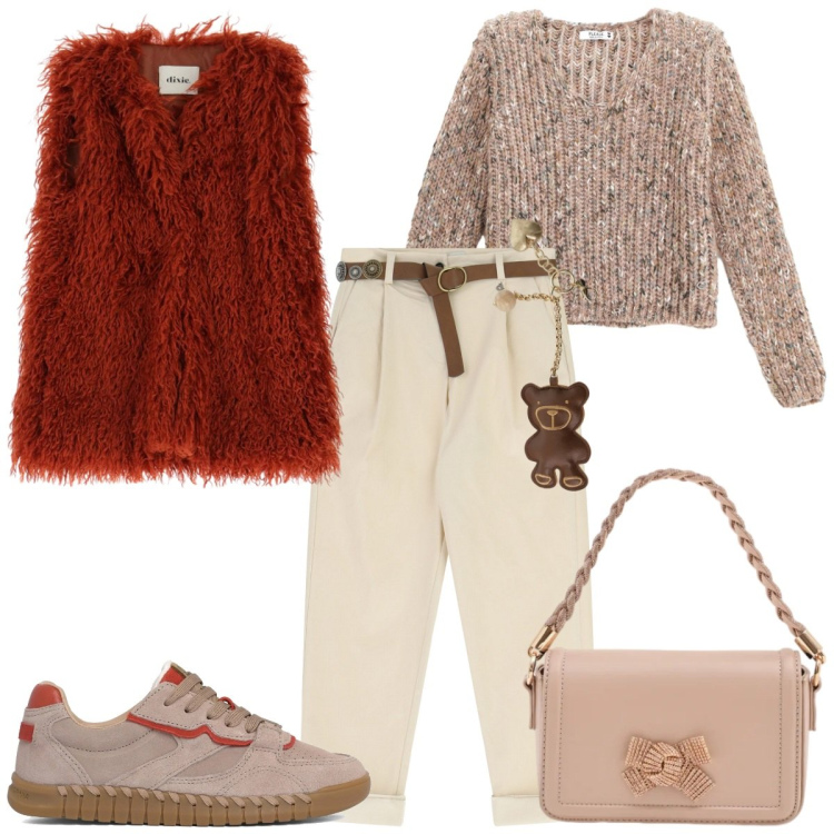 Outfit donna - San Valentino al cinema. Stile Casual chic per Tutti i giorni. Abbinamento con portachiavi, gilet, pantaloni, pochette, maglieria, sneakers.