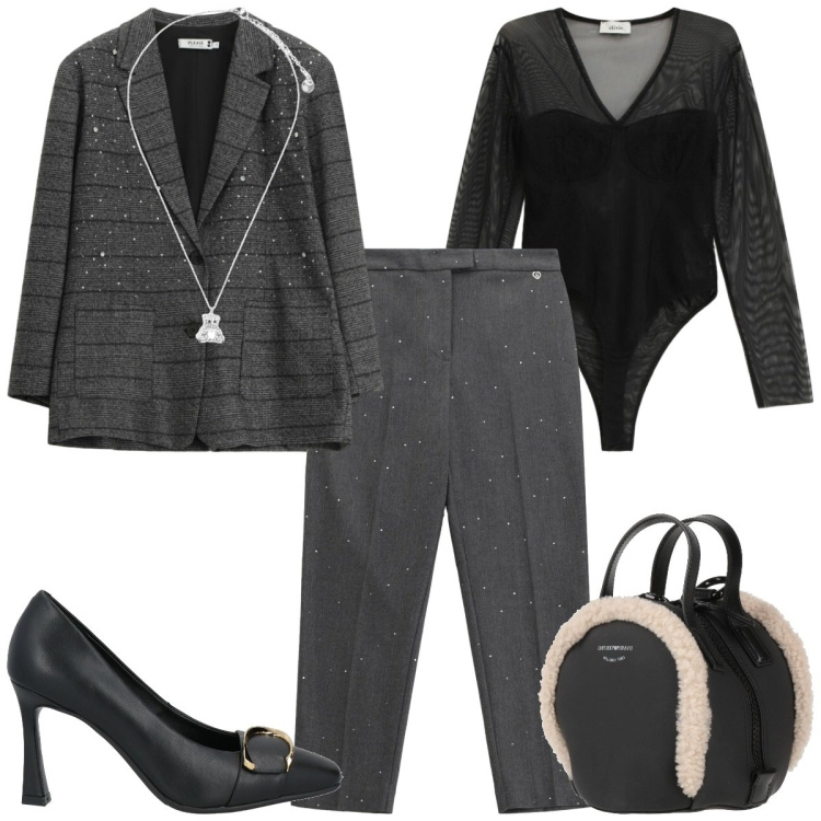 Outfit donna - San Valentino elegante. Stile Glamour per Tutti i giorni. Abbinamento con zaini, décolleté, body, pantaloni, blazer, ciondoli.
