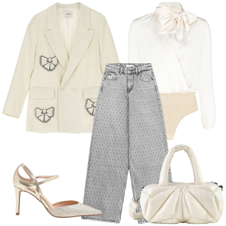 Outfit donna - Un po\' di panna. Stile Casual chic per Tutti i giorni. Abbinamento con blazer, bluse, décolleté, jeans, borse a mano.